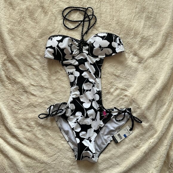 Women's XL NWT US Polo Assn. Swimsuit Black White Floral Cutouts Halter - Picture 2 of 14